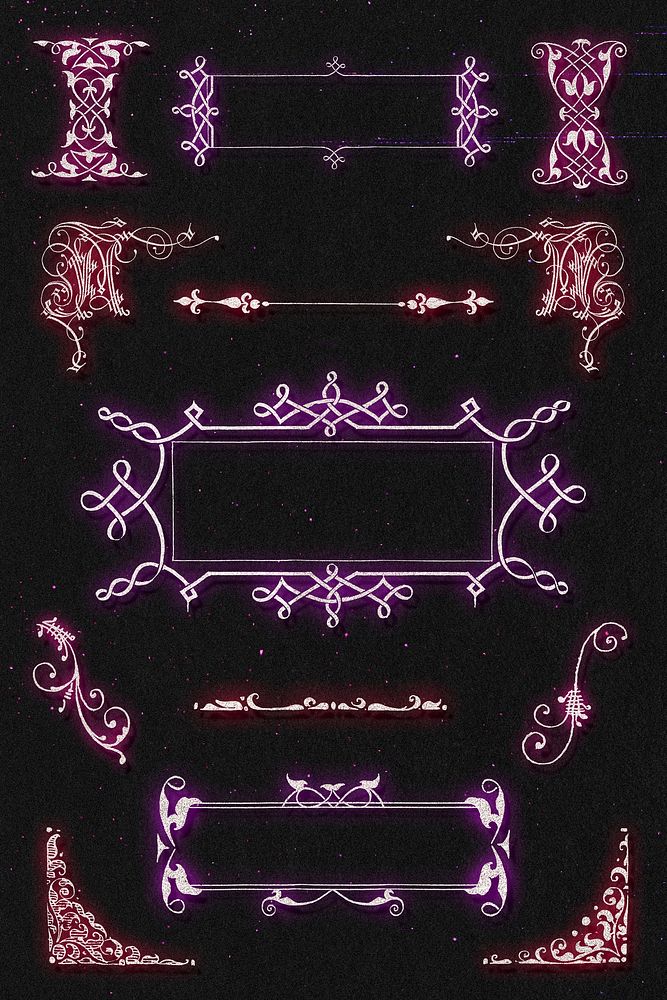 Pink and purple Victorian psd frame border ornament collection, remix from The Model Book of Calligraphy Joris Hoefnagel and…