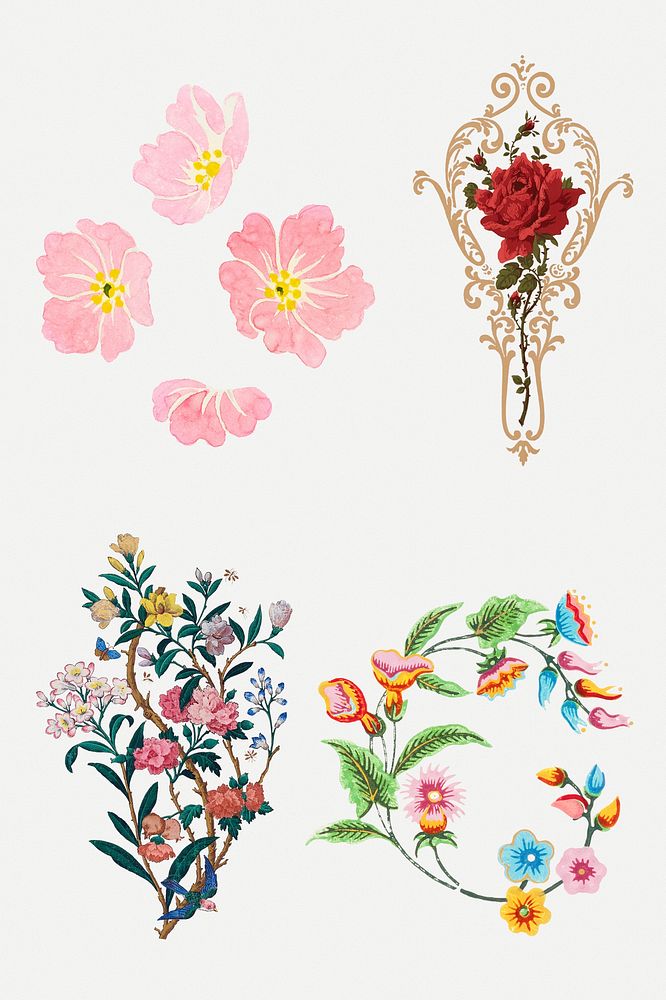 Colorful flowers vintage clipart set