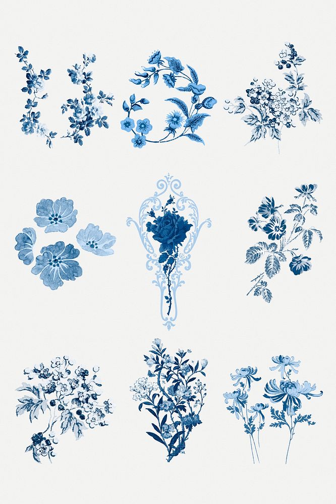 Blue flowers vintage clipart set