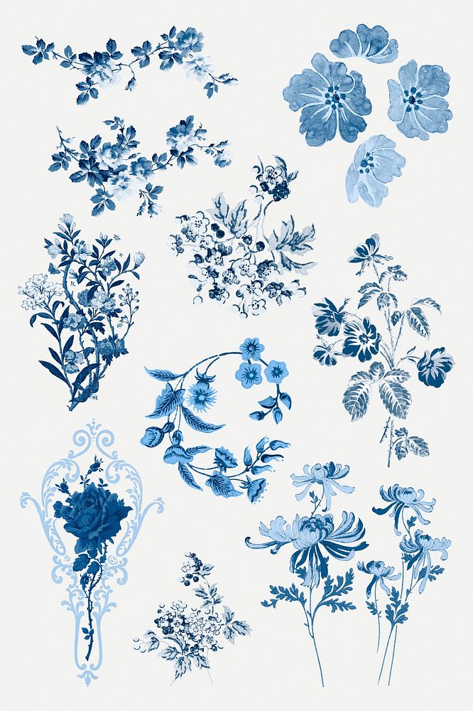 Psd blue flowers vintage clipart set