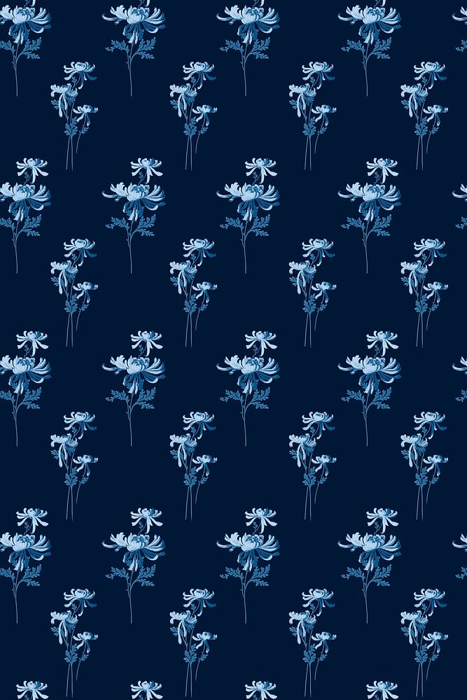 Psd blue chrysanthemums botanical pattern vintage background
