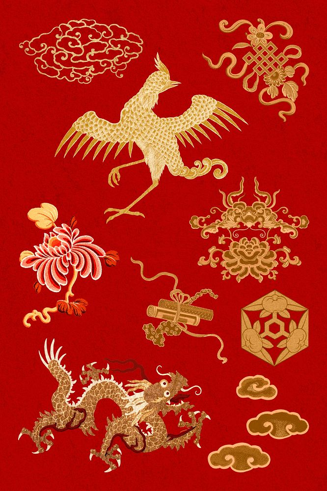 Gold red Chinese art decorative ornament clipart collection