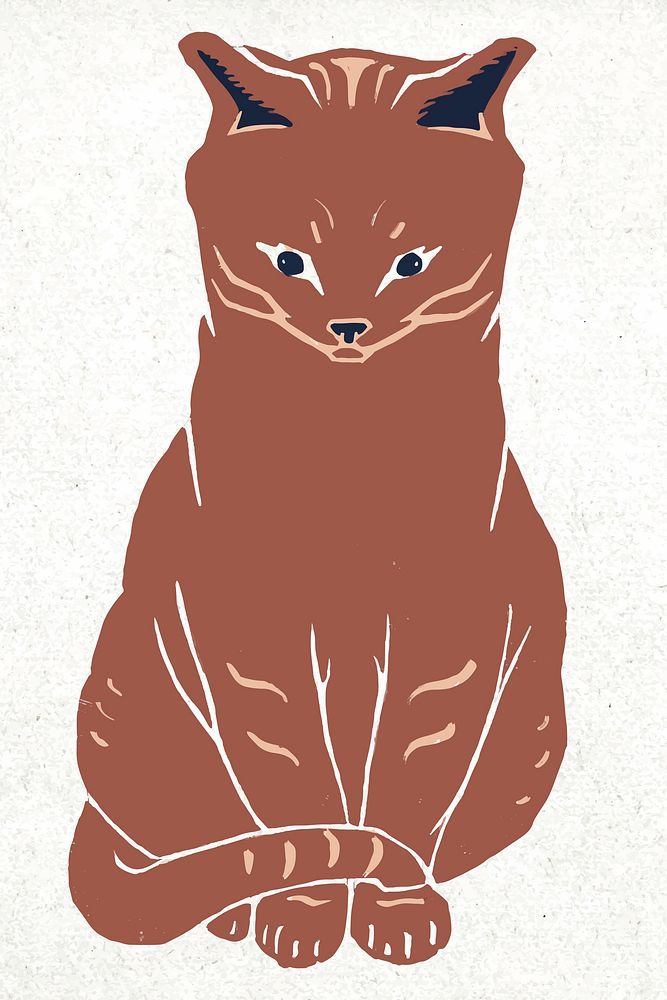 Brown cat vector animal vintage linocut drawing