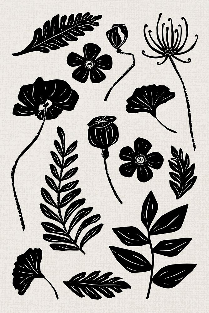 Black flowers psd linocut hand drawn set