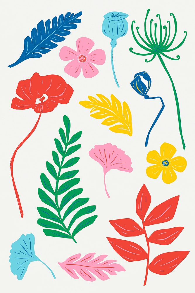 Colorful flowers vector vintage floral linocut collection