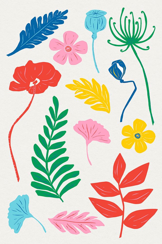 Colorful flowers psd vintage floral linocut collection