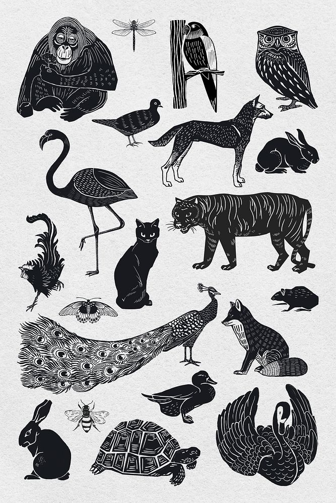 Animals black linocut stencil pattern drawing collection