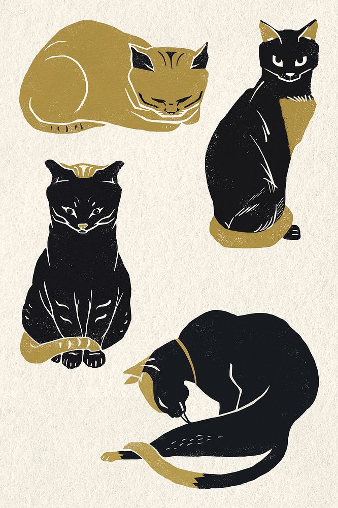 Cats animal vintage gold black linocut illustration set