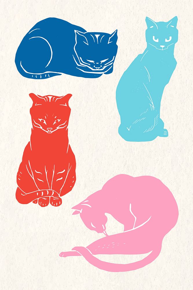 Retro cats vector colorful linocut set