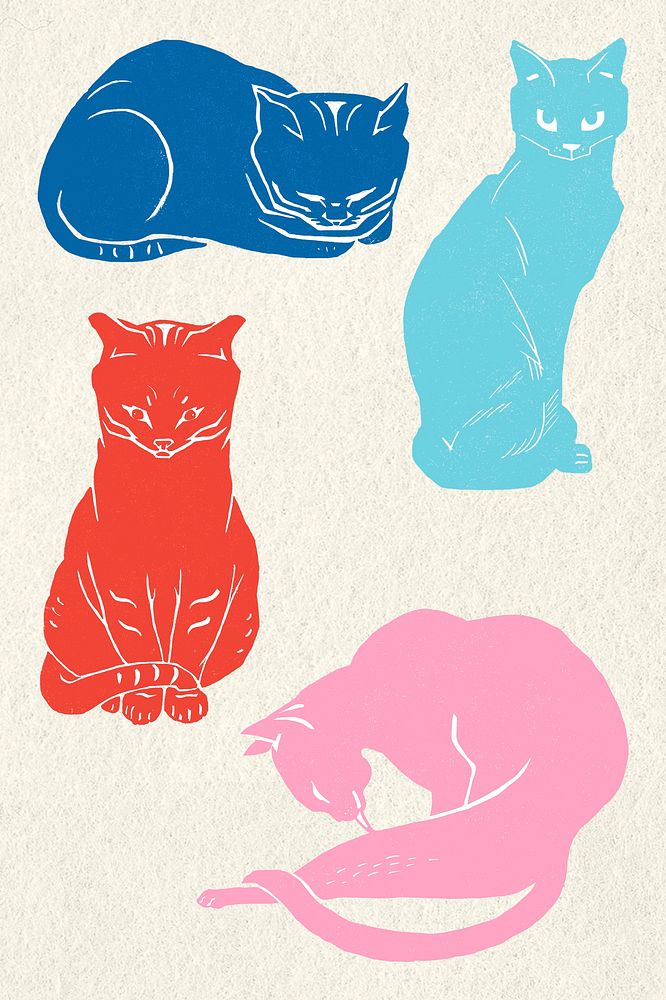 Retro cats psd colorful linocut collection