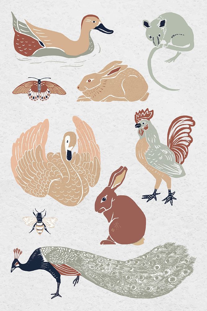 Vintage wild animals vector linocut drawing collection
