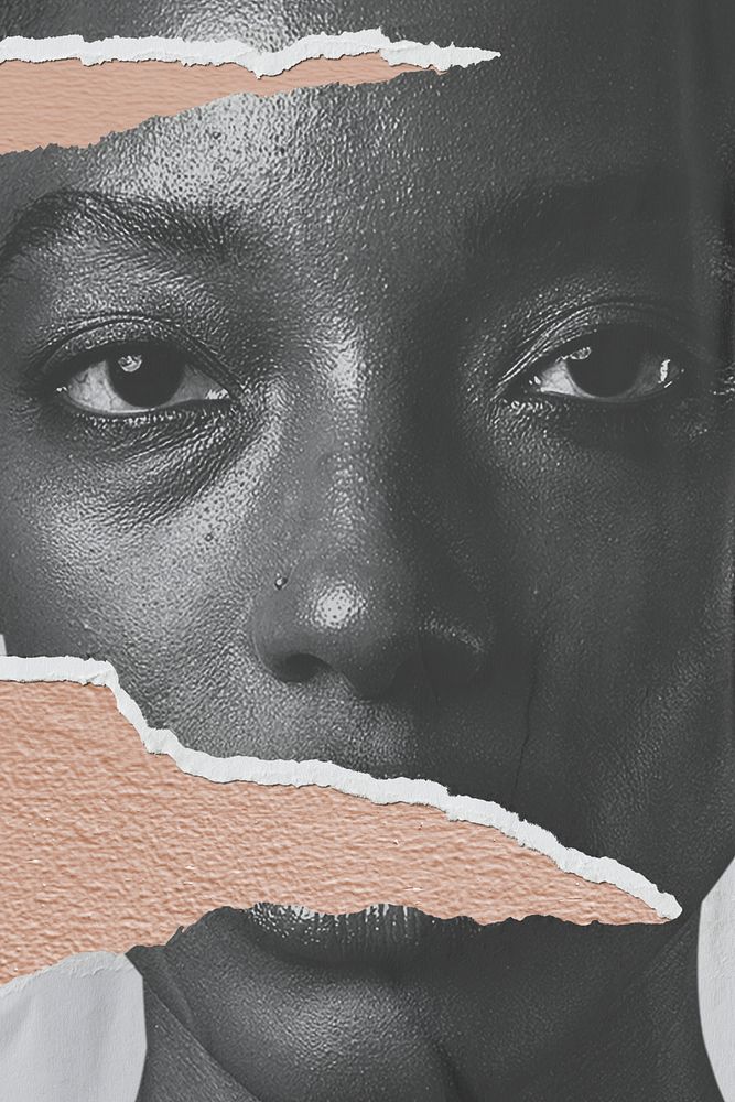 Portrait closeup of African woman ripped paper on lips mixed media collage