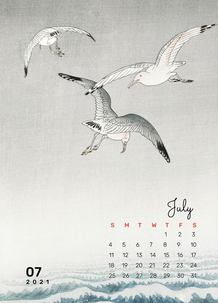 2021 calendar July printable template psd seagull birds remix from Ohara Koson