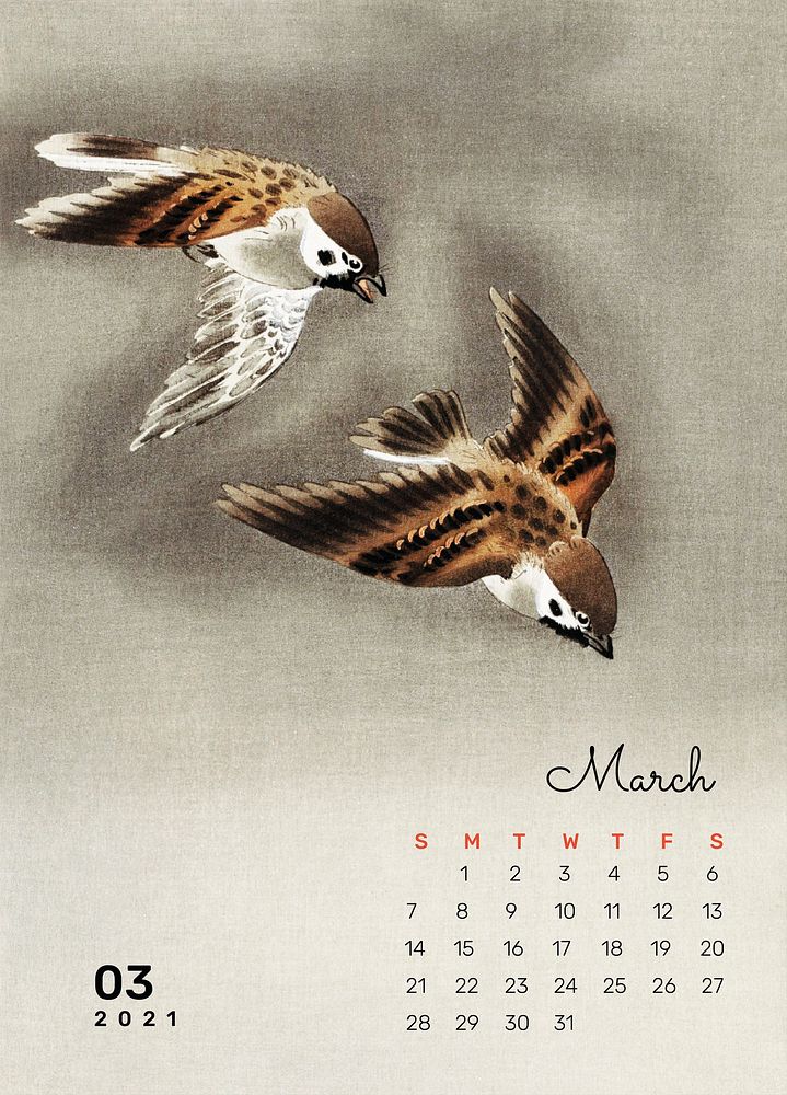 2021 calendar March printable template psd ring sparrow bird remix from Ohara Koson