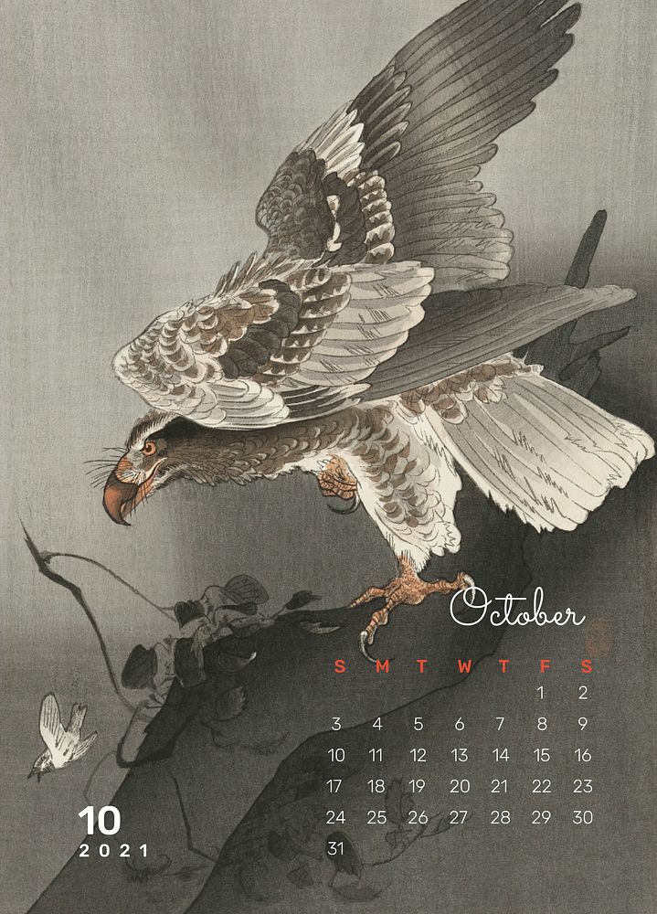 Calendar 2021 October printable template psd eagle lurking at a prey remix from Ohara Koson