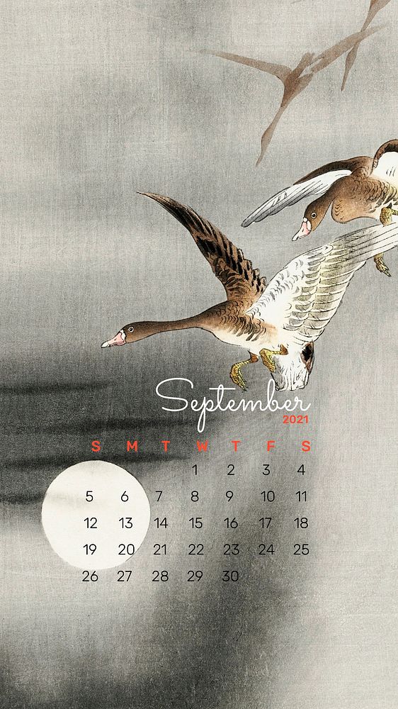 2021 Calendar September template phone wallpaper vector geese remix from Ohara Koson