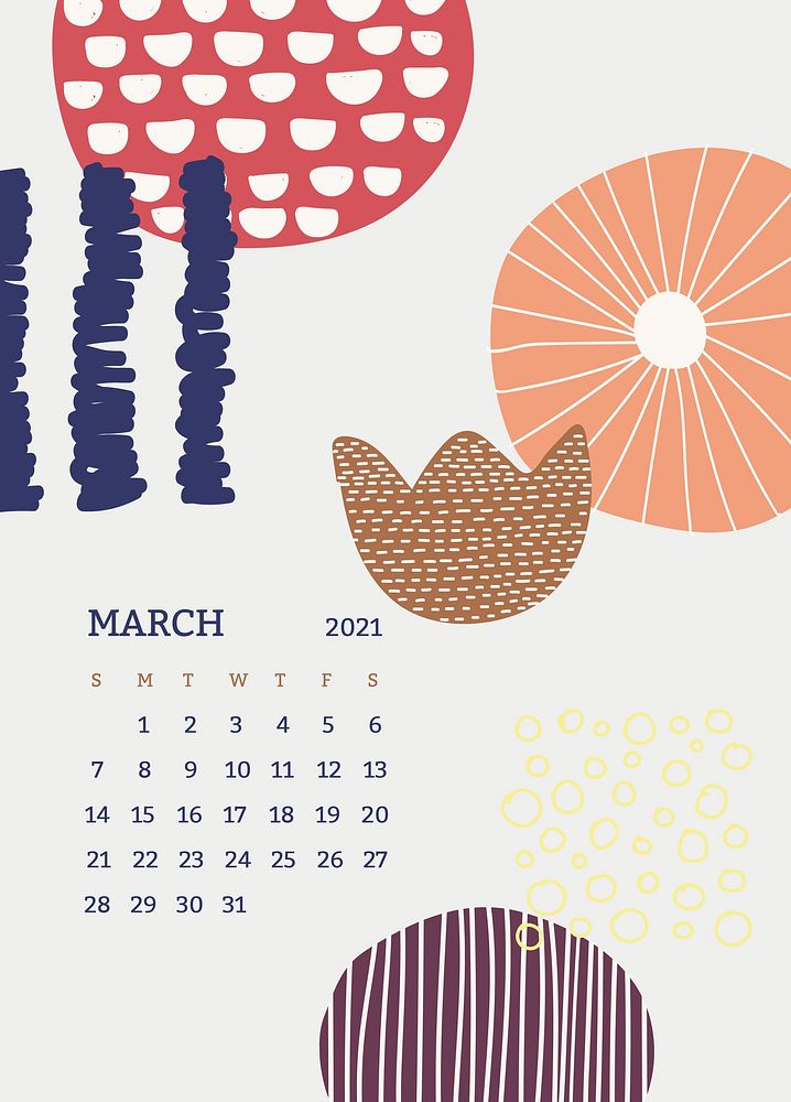 March 2021 printable template vector month Scandinavian mid century background