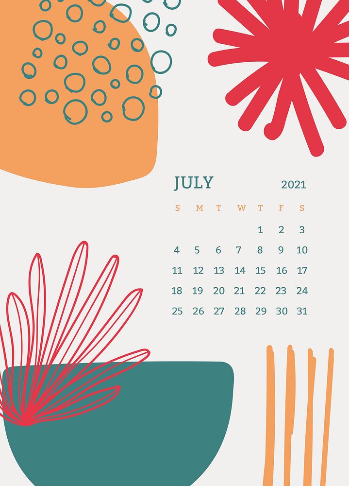 July 2021 printable template psd month Scandinavian mid century background
