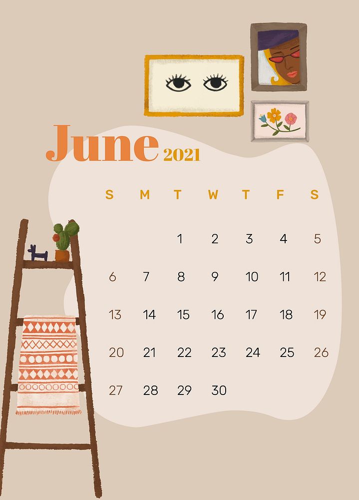 Calendar 2021 June printable template psd hand drawn lifestyle
