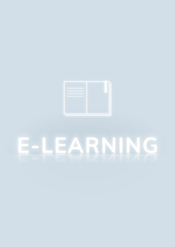 E-learning white neon lettering on blue background