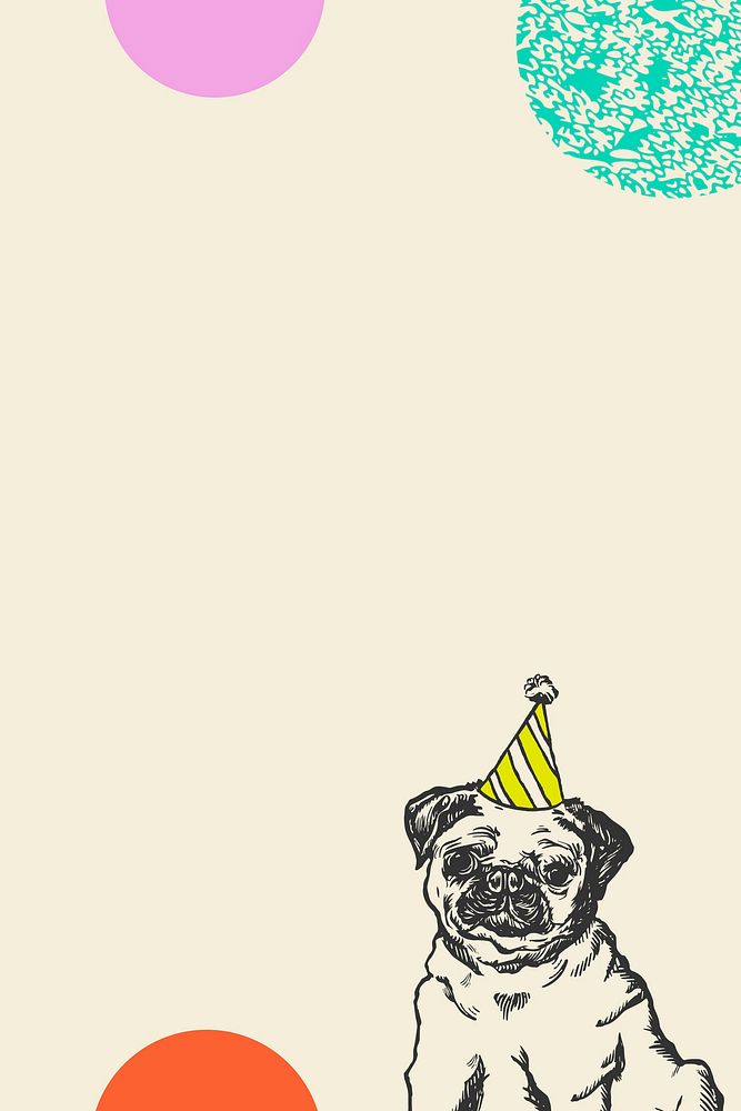 Cute birthday beige background with vintage pug dog in party cone hat