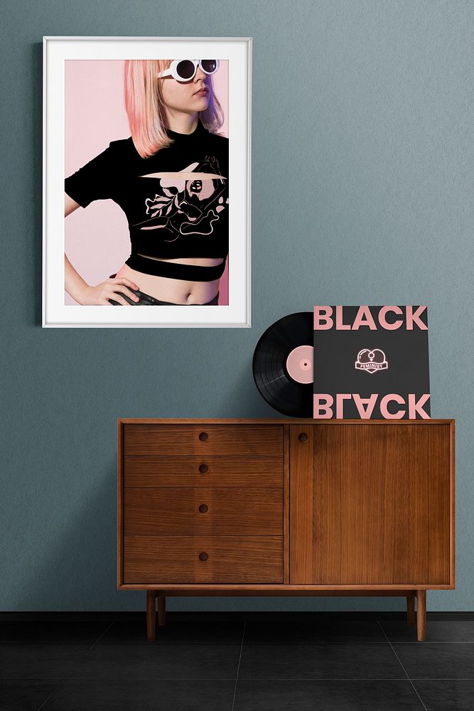 Picture frame in  living room, vinyl record 