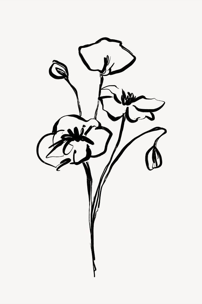 Flower ink brush collage element, line art design psd