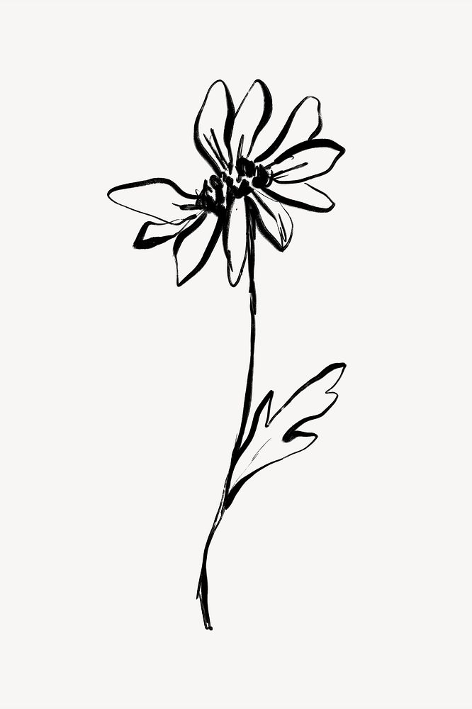 Flower ink brush collage element, line art design psd