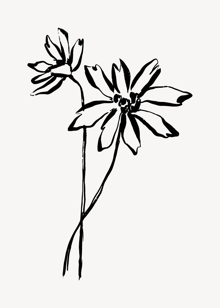 Flower ink brush collage element, line art design vector