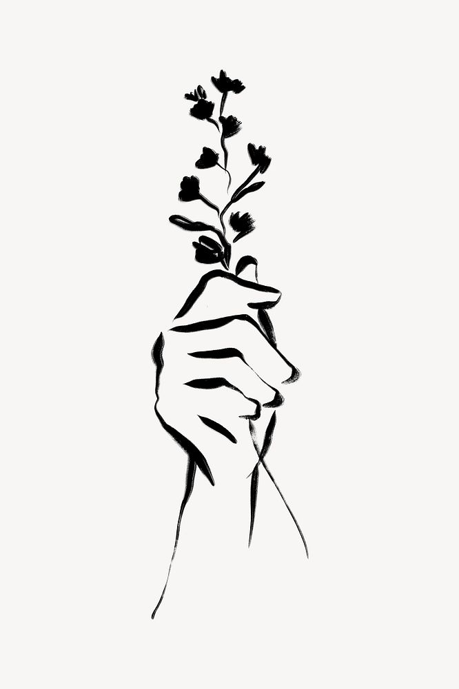 Hand holding flower ink brush, aesthetic line art