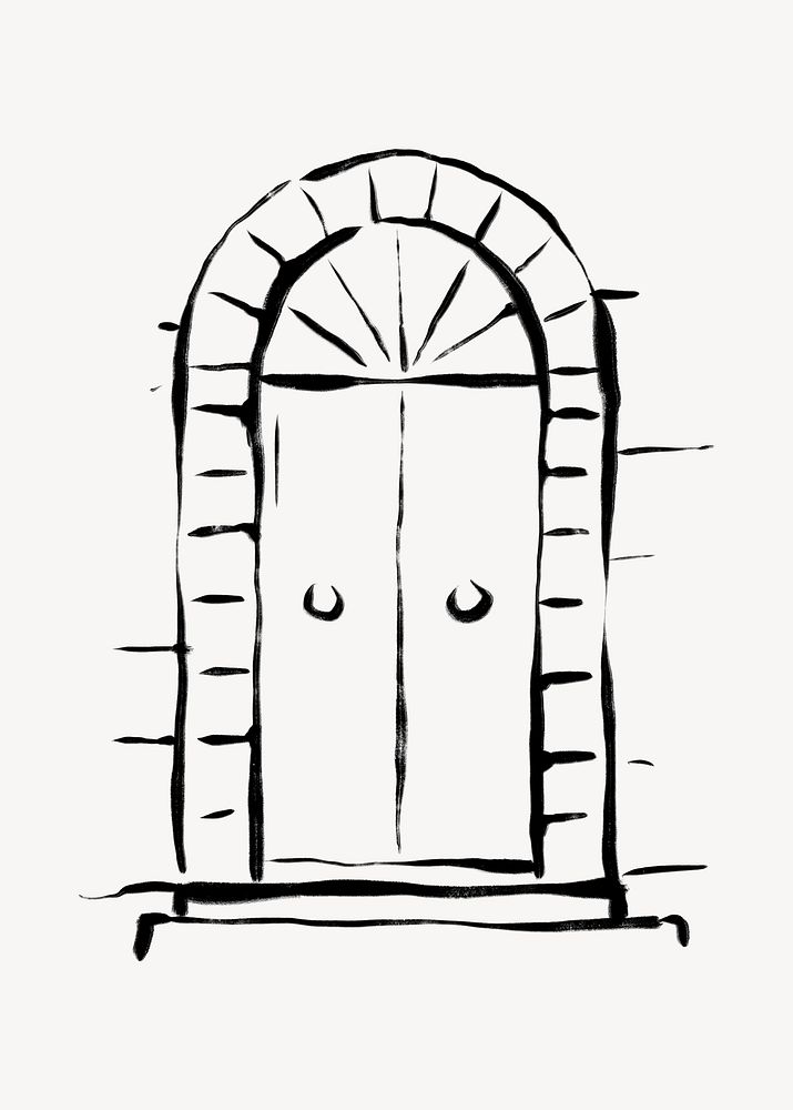 Arched door clipart, drawing illustration, black and white design