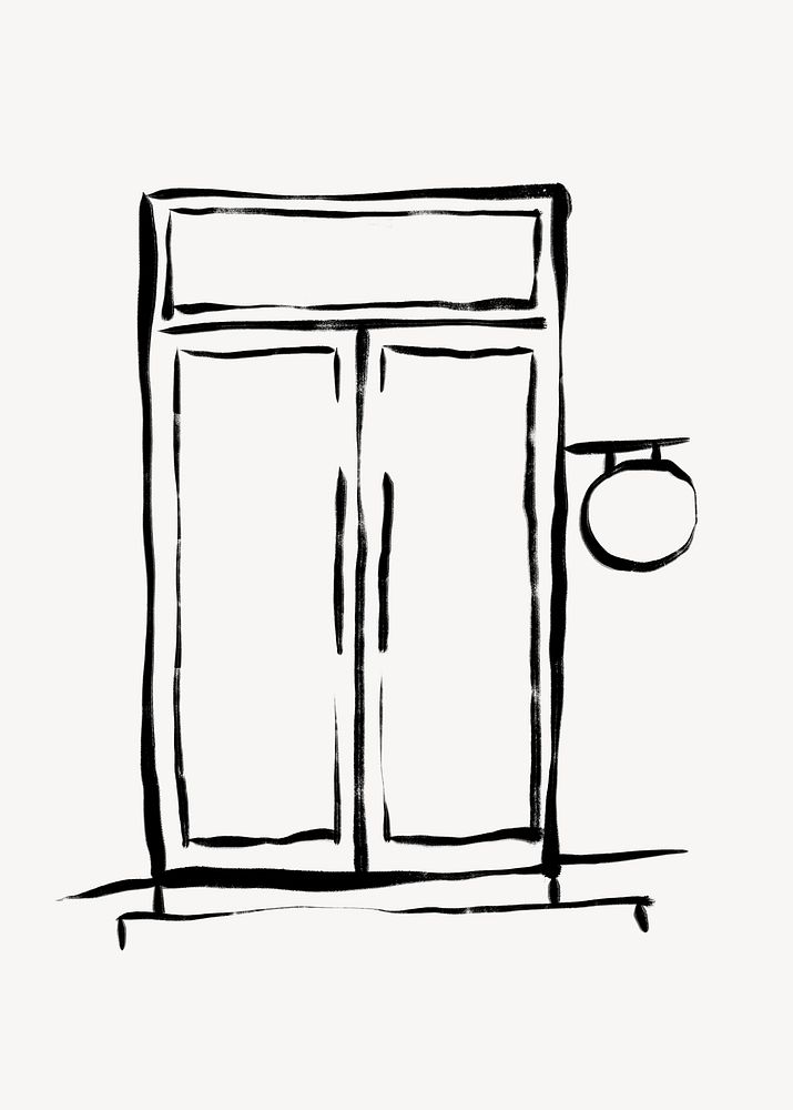Restaurant door clipart, drawing illustration, black and white design