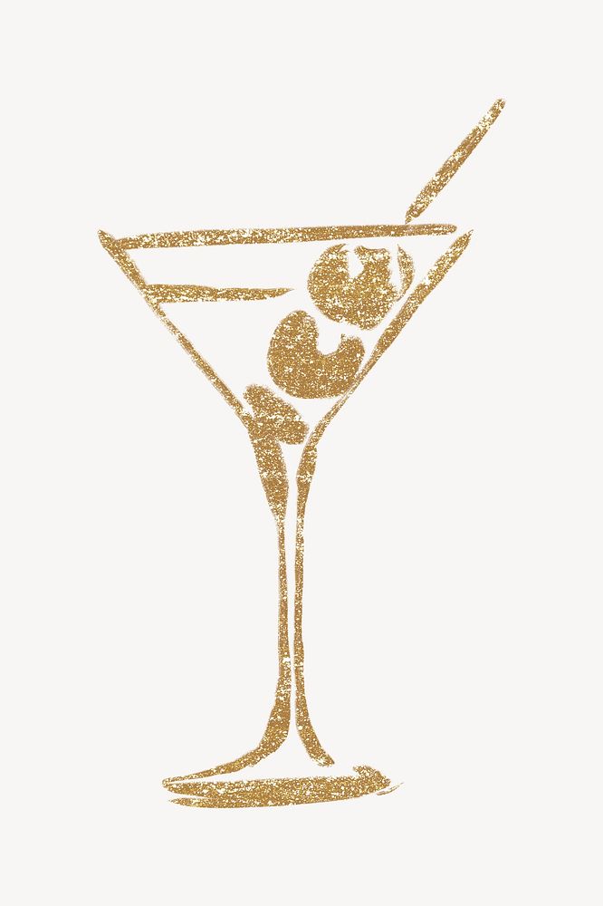 Gold glitter martini collage element, beverage illustration psd