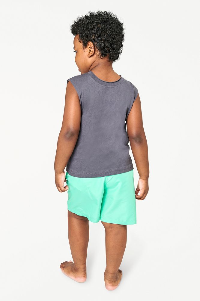 Kid model in a gray sleeveless