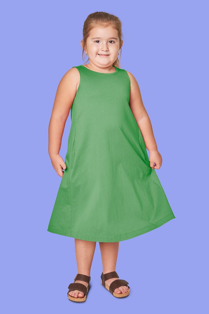 Girl's green dress full body mockup in studio