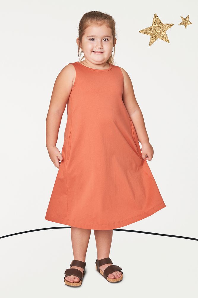 Girl's orange dress full body mockup in studio