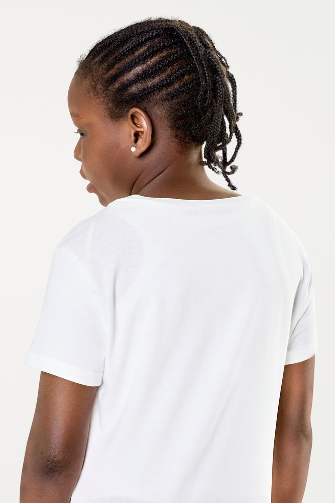 Black girl wearing white t shirt back view