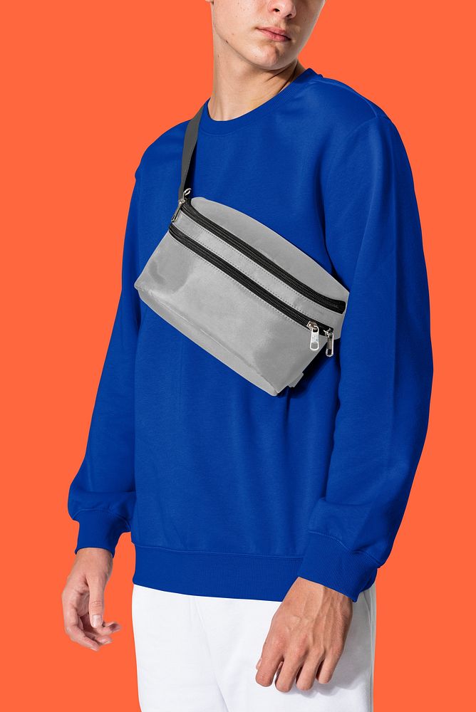 Gray fanny pack psd mockup teenage  streetwear shoot