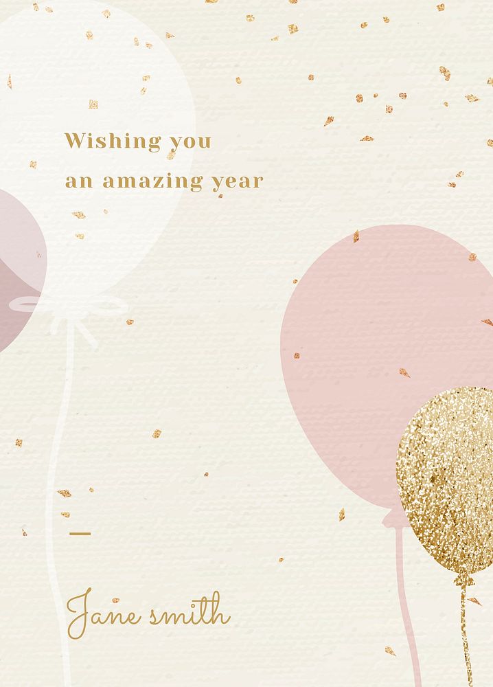 Luxury balloon birthday greeting card illustration in pink and gold tone