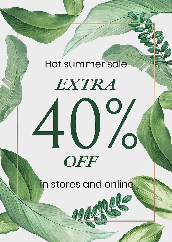 Summer sale poster template, tropical leaves, editable text psd