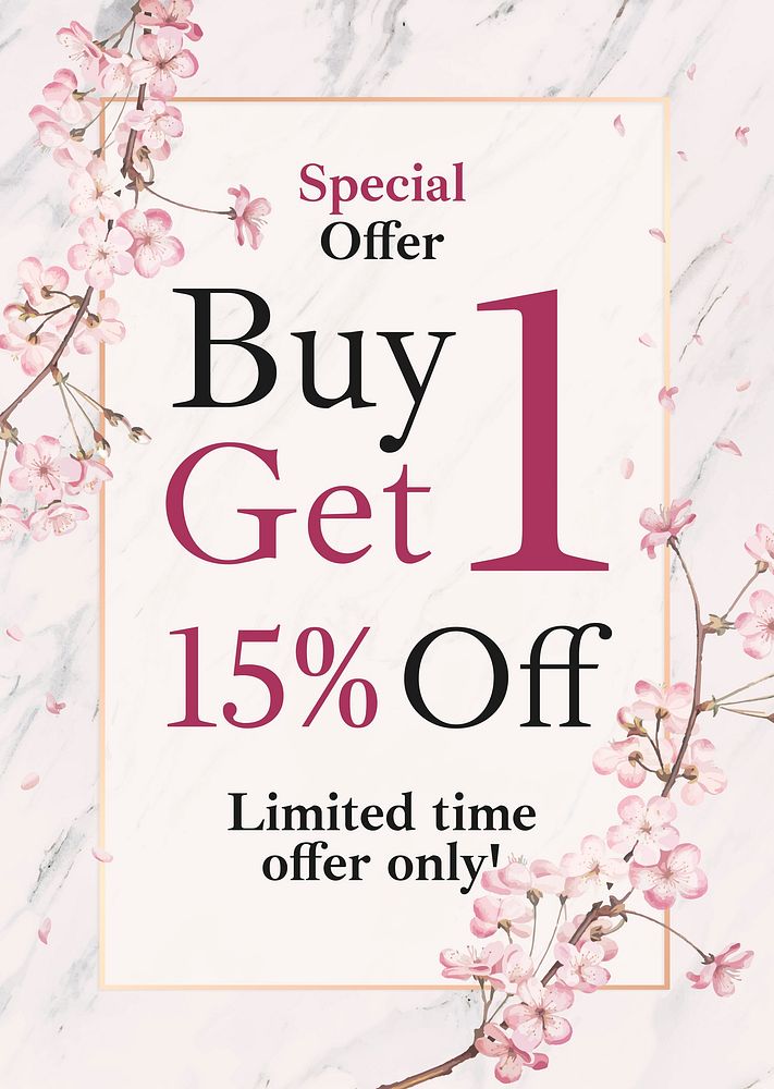 Special offer poster template, cherry blossom, editable text psd