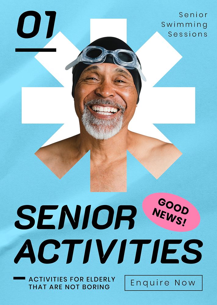 Senior activity poster template, blue design psd