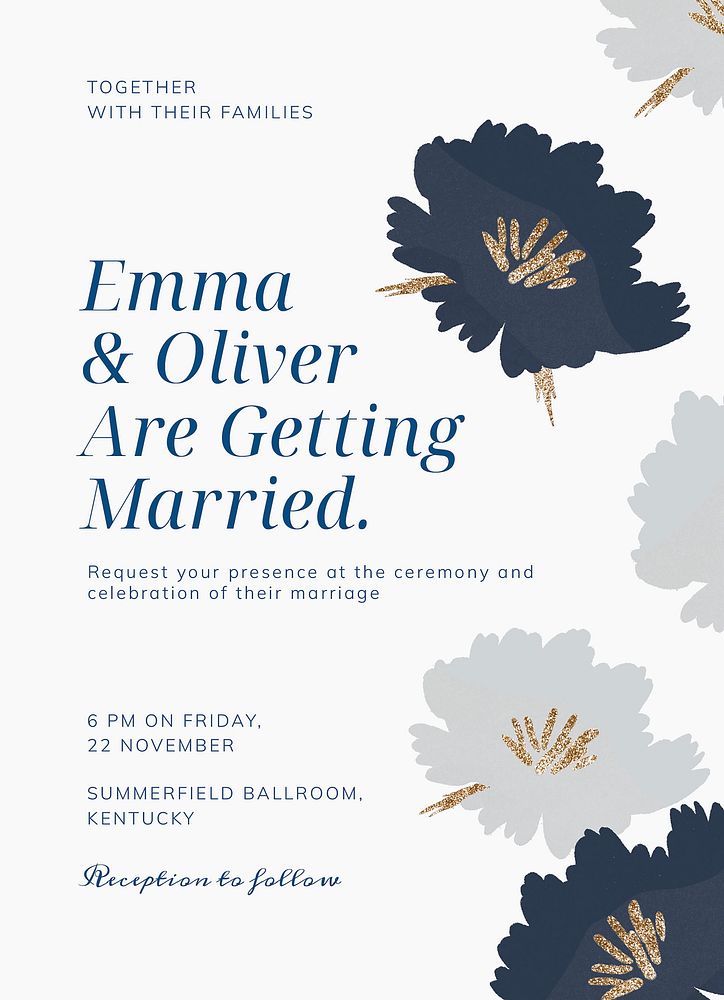 Blue wedding invitation card template, editable text psd