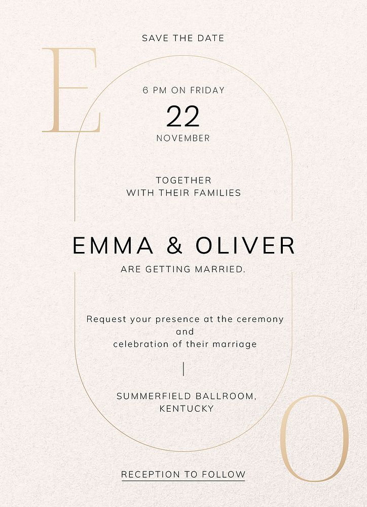 Wedding reception invitation card template, editable text vector
