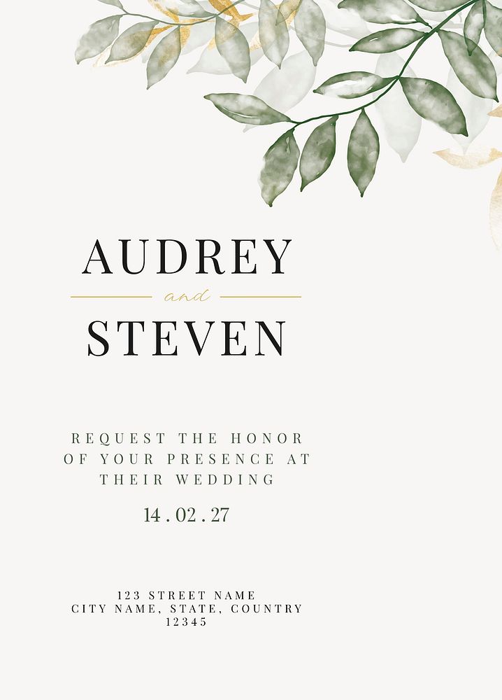 Botanical Wedding Invitation Card Template, 