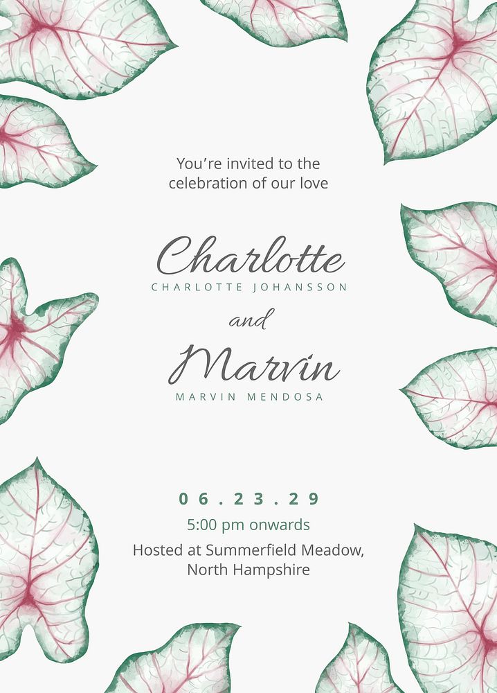 Leaf wedding invitation card template, editable text vector