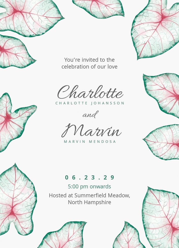 Leaf wedding invitation card template, editable text psd