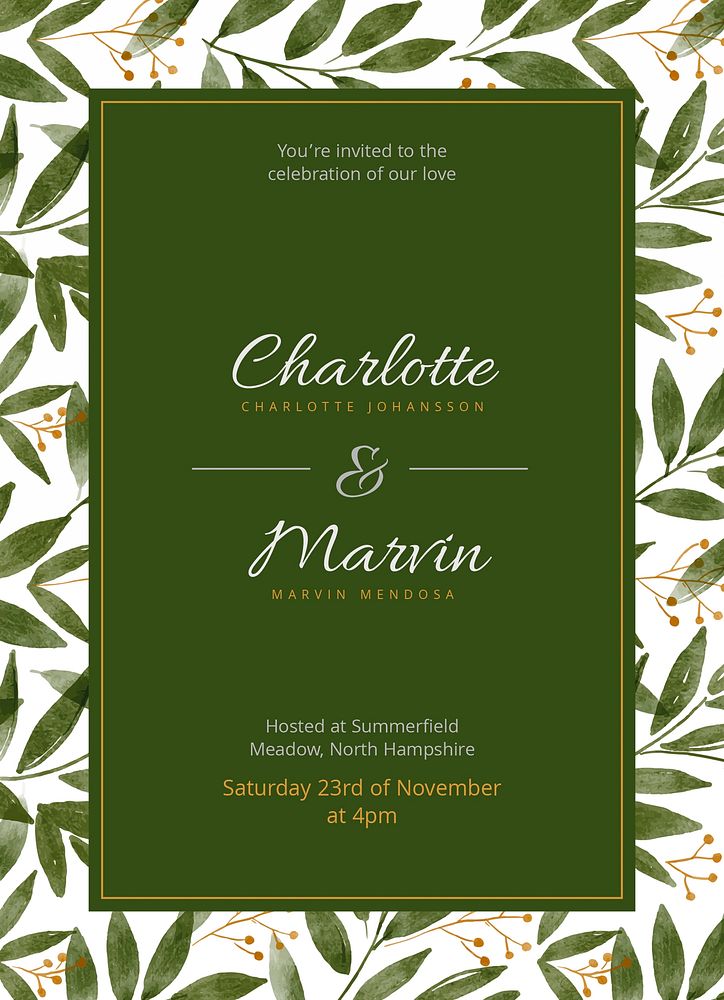 Green wedding invitation card template, editable text psd
