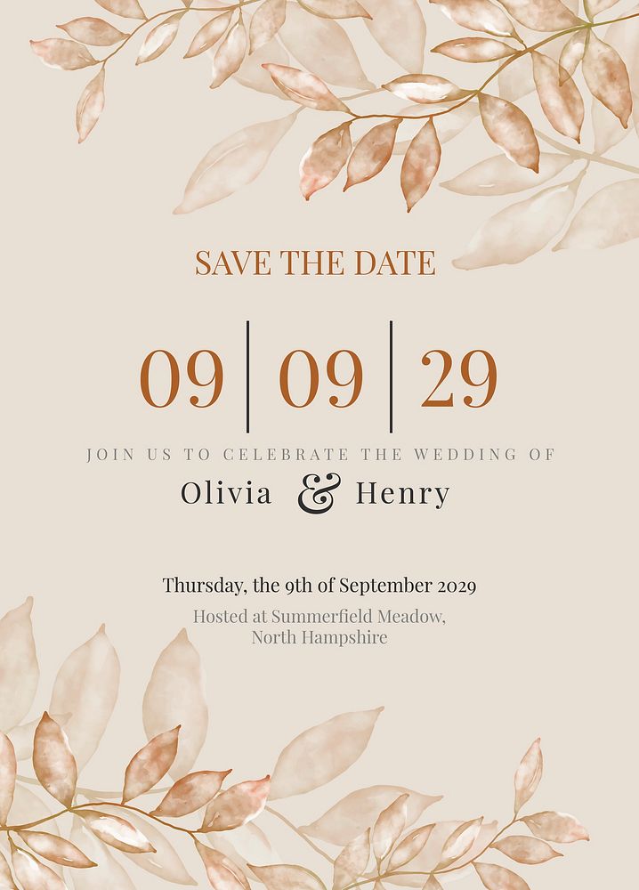 Autumn wedding invitation card template, editable text vector