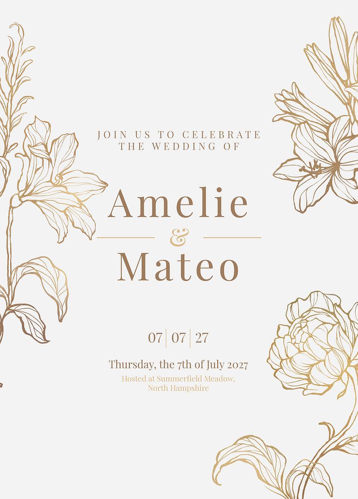 Floral wedding invitation card template, editable text vector